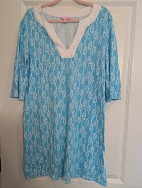 Lilly Pulitzer Turquoise Blue & White Nautical Dress "Row Your Boat" Size Medium